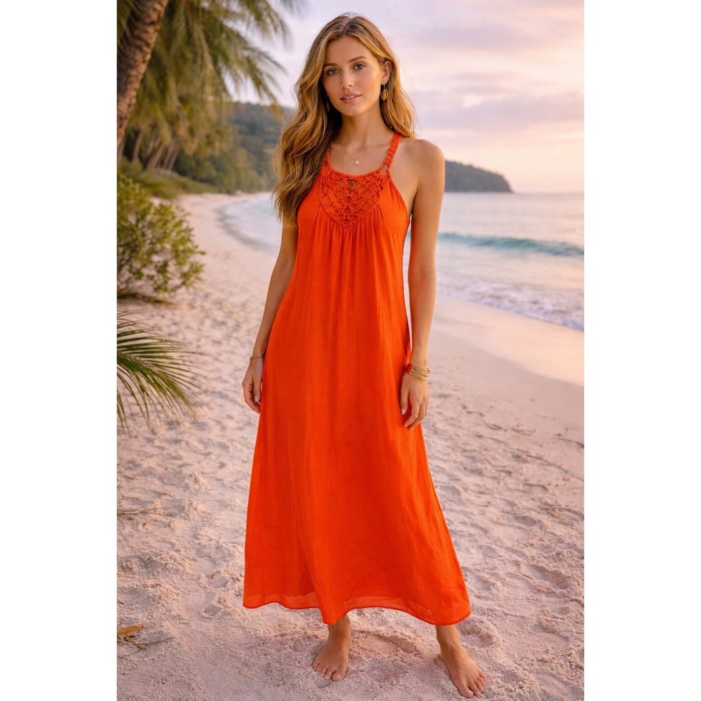 Lauren Ralph Lauren Orange Maxi Dress Small Macrame Halter Boho Resort Beach